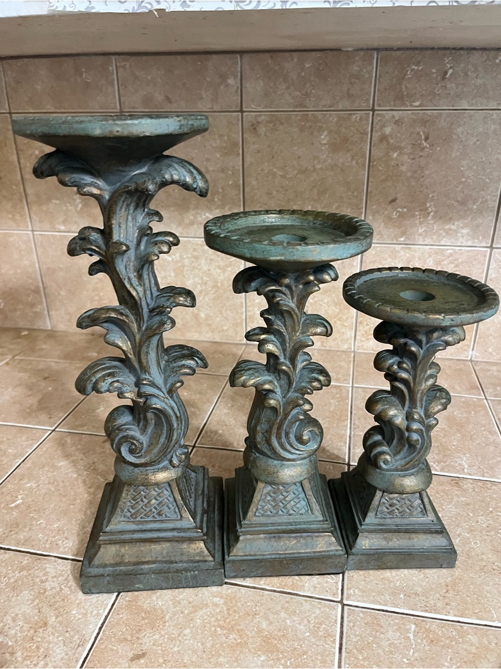 Ornate Leaf-Scroll Decorative Candle Holders Set - Green Patina